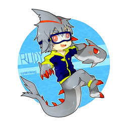 bottomless chibi clothed clothing dorsal_fin duo eyewear fangs feral fin forked_tail gills goggles grey_body male mouth_closed open_mouth open_smile red_eyes simple_background smile tail tan_body tan_skin teeth three-quarter_view unusual_anatomy unusual_tail white_body asnnonaka rudy_(asnnonaka) animal_humanoid aquatic aquatic_humanoid fish fish_humanoid humanoid shark_humanoid 1:1 2015 dated full-length_portrait portrait signature