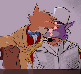 anthro bow_tie clothed clothing duo edwardian fur hat headgear headwear historical_european_clothing intimate jacket kemono kiss_on_lips kissing male male/male multicolored_body multicolored_fur newspaper orange_body orange_fur pipe purple_body purple_fur romantic romantic_couple smoking top_hat topwear two_tone_body two_tone_fur vest victorian helloimkartu sherlock_hound_(series) moriarty_(sherlock_hound) sherlock_hound canid canine canis fox mammal wolf hi_res