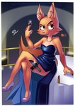 anthro border clothing crossed_legs diamond_(gem) dress eyebrow_piercing facial_piercing female footwear fur gem high_heels holding_object knife lipstick makeup piercing ring shoes solo white_border alvh-omega dreamworks the_bad_guys diane_foxington canid canine fox mammal 2022 hi_res