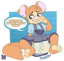 ambiguous_gender anthro black_eyes blue_clothing blue_overalls blush blush_lines bodily_fluids buckteeth clothing dialogue diaper diaper_squish ear_piercing ear_ring embarrassed exposed_diaper fur genital_fluids looking_aside mouse_ears open_overalls orange_body orange_fur overalls piercing ring_piercing sitting sitting_on_diaper solo spread_legs spreading tail teeth text unclean_diaper urine used_diaper wet_diaper young toby_tiger mammal mouse murid murine rodent hi_res