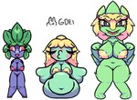 anthro big_breasts blonde_hair blue_body blush breasts female genitals green_body group hair leaf leaf_hair looking_at_viewer nipples nude overweight overweight_female plant plant_hair pseudo_hair pussy small_breasts trio yellow_nipples gdei nintendo pokemon electrike generation_1_pokemon generation_3_pokemon gulpin oddish pokemon_(species) digital_media_(artwork)