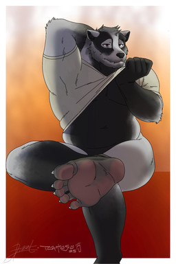 5_toes anthro barefoot bedroom_eyes black_body black_fur brown_eyes claws clothed clothing clothing_lift crossed_legs feet fingers foot_fetish foot_focus footwear fur grey_body grey_clothing grey_eyes grey_fur hand_behind_head humanoid_feet looking_at_viewer male male_anthro multicolored_body multicolored_fur musclegut muscular muscular_anthro muscular_male narrowed_eyes navel overweight overweight_male partially_clothed paws plantigrade seductive shirt shirt_lift simple_background sitting slightly_chubby slightly_chubby_male smile soles solo toe_claws toes topwear underwear white_body white_claws white_clothing white_fur white_shirt white_topwear patoso echo_(series) echo_project the_smoke_room nikolai_krol badger mammal meles mustelid musteline 2025 2:3 digital_media_(artwork) hi_res signature