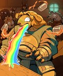 5_fingers alcohol anthro armor balancing bar beverage blonde_hair bodily_fluids breastplate breasts claws cleavage cleavage_cutout clothed clothing container cup cutout drunk female female_anthro finger_claws fingerless_gloves fingerpads fingers fur glass glass_container glass_cup gloves group hair handwear humor male male_anthro pawpads rainbow shocked solo_focus spilling_drink substance_intoxication sweat sweatdrop tan_body tan_fur tavern technicolor_yawn vomit vomiting ceehaz dog_knight_rpg jeane_(ceehaz) nix_(ceehaz) orinette_(ceehaz) rory_(ceehaz) bird_dog borzoi canid canine canis dobermann domestic_dog golden_retriever herding_dog hunting_dog mammal pastoral_dog pinscher retriever sighthound welsh_corgi 2025 absurd_res hi_res