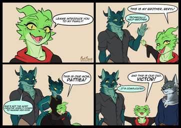 2_horns anthro chest_tuft clothing collared_shirt dialogue dress_shirt eyelashes facial_tuft female freckled_face freckles fur green_body green_eyes green_scales grey_body grey_fur group horn larger_male long_eyelashes male scale_freckles scales shirt size_difference smaller_female text topwear tuft pink_prawn meral_fleetfoot canid canine canis hybrid kobold mammal scalie wolf comic english_text hi_res brother_(lore) brother_and_sister_(lore) daughter_(lore) father_(lore) father_and_child_(lore) father_and_daughter_(lore) father_and_son_(lore) half_brother_(lore) half_sister_(lore) mother_(lore) mother_and_child_(lore) mother_and_daughter_(lore) mother_and_son_(lore) parent_(lore) parent_and_child_(lore) parent_and_daughter_(lore) parent_and_son_(lore) sibling_(lore) sister_(lore) son_(lore)