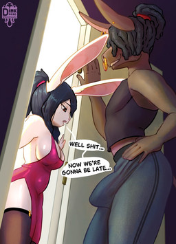 anthro big_breasts big_bulge black_hair bottomwear bracelet breasts brown_body brown_fur buckteeth bulge cleavage clothed clothing detailed_bulge dialogue doorway dreadlocks dress duo ear_piercing ear_ring facial_piercing female fur genital_outline hair hair_over_eyes interspecies jewelry legwear long_ears looking_at_bulge male nose_piercing nose_ring pants penis_outline piercing ponytail red_eyes ring_piercing standing_in_doorway stockings teeth text thigh_highs white_body white_fur josiedink asinus donkey equid equine lagomorph leporid mammal rabbit english_text hi_res