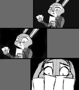 anthro clothed clothing dark female holding_object long_ears photo police police_uniform scared shocked solo uniform zalgo_(artist) disney zootopia judy_hopps lagomorph leporid mammal rabbit 2016 comic greyscale monochrome