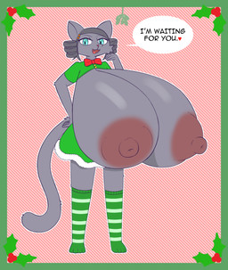 anthro areola big_breasts blue_eyes breasts clothed clothing dialogue drill_curls exposed_breasts female female_anthro fur glistening glistening_breasts grey_body grey_fur grey_hair grey_tail hair holidays holly_(plant) huge_breasts hyper hyper_breasts looking_at_viewer mistletoe nipples open_mouth open_smile partially_clothed plant smile solo speech_bubble standing tail text wafflecat christmas felid feline mammal digital_media_(artwork) english_text full-length_portrait hi_res portrait