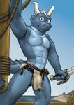 anthro belt blind_eye blue_body blue_eyes bottomwear bulge cheek_fins clothed clothing cutlass detailed_background detailed_bulge fin genital_outline horn loincloth loincloth_only looking_at_viewer male melee_weapon muscular muscular_male penis_outline sailor scar ship smile smiling_at_viewer solo sword tail tail_fin topless vehicle watercraft weapon tuubi mythology aquatic_dragon dragon marine mythological_creature mythological_scalie scalie absurd_res digital_media_(artwork) hi_res huge_filesize smaller_version_at_source