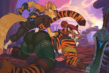 all_fours anthro anthro_on_anthro armband big_bulge big_butt bottomwear bulge butt claws clothed clothing detailed_background duo eyewear eyewear_on_head facial_piercing fangs fingerless_gloves furgonomics gloves goggles goggles_on_head hair hair_bun handwear harness larger_sub male male/male melee_weapon muscular muscular_anthro muscular_male nipples nose_piercing nose_ring outside pants piercing ring_piercing sabertooth_(anatomy) scar shirt shoulder_pads size_difference smile submissive sword tail tail_clothing tail_grab teeth topwear weapon kihu hi-rez_studios paladins_(game) pip_(paladins) tiberius_(paladins) canid canine felid fennec_fox fox mammal pantherine tiger true_fox 2021 alternate_version_at_source