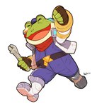 anthro belt blue_clothing clothing eyes_closed fingerless_gloves gloves green_body handwear holding_object jacket kerchief male neckerchief open_mouth scouter solo tools topwear wrench powree nintendo star_fox slippy_toad amphibian frog 2022 hi_res