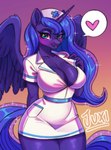 anthro big_breasts blue_eyes blue_hair blush breasts cleavage clothed clothing female hair heart_symbol horn looking_at_viewer nurse_clothing nurse_uniform simple_background solo uniform wings juxi friendship_is_magic hasbro my_little_pony mythology princess_luna_(mlp) equid equine mammal mythological_creature mythological_equine winged_unicorn hi_res