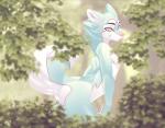 anthro antihero blue_body blue_fur day detailed_background forest fur male nude outside pink_eyes pink_nose plant smile solo standing tail tree white_body white_fur rudragon canid canine canis domestic_dog mammal 2019 digital_media_(artwork) hi_res