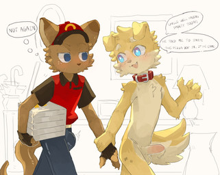 anthro arm_tuft balls belt black_bottomwear black_clothing black_pants blue_eyes blush blush_lines bodily_fluids body_blush body_writing bottomwear box brown_clothing brown_nose brown_shirt brown_topwear bulge chest_tuft clothed clothed_male clothing collar container countershading delivery_(commerce) delivery_employee dialogue dripping duo elbow_tuft emanata erection eyebrows facial_tuft fingerless_gloves fluffy fluffy_tail food_carrier food_delivery foreskin freckles fur furgonomics genital_fluids genitals glistening gloves grey_nose handwear hat headgear headwear humanoid_genitalia humanoid_penis kemono looking_at_another male male_anthro multicolored_body multicolored_fur nervous nude_anthro nude_male open_mouth pants penis penis_blush pizza_box pizza_delivery pizza_delivery_carrier precum precum_drip red_clothing red_collar red_hat red_headwear red_shirt red_topwear shirt shoulder_tuft speech_bubble standing sweat sweatdrop tail tally_marks tan_balls tan_body tan_eyebrows tan_fur tan_penis text thought_bubble topwear tuft two_tone_body two_tone_fur walking wrist_grab yellow_body yellow_fur young young_anthro young_male regcron crowl_(regcron) delivery_boy_(mawarisaka3) canid canine canis domestic_dog kangaroo macropod mammal marsupial 2026 english_text hi_res