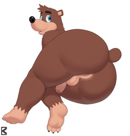 3_toes anthro anus balls big_butt biped black_eyebrows black_nose blue_eyes brown_body brown_fur brown_tail butt claws eyebrows feet flaccid foreskin fur genitals glans glistening glistening_eyes glistening_nose humanoid_genitalia humanoid_penis logo looking_at_viewer looking_back looking_back_at_viewer lying male male_anthro mismatched_genitalia mismatched_humanoid_penis mismatched_penis multicolored_body multicolored_fur nude nude_anthro nude_male on_side open_mouth partially_retracted_foreskin penis pink_glans raised_eyebrows rear_view short_tail simple_background solo tail tan_anus tan_balls tan_body tan_fur tan_inner_ear tan_penis toe_claws toes two_tone_body two_tone_fur white_background brouva banjo-kazooie rareware banjo_(banjo-kazooie) bear mammal 2026 artist_logo digital_media_(artwork)