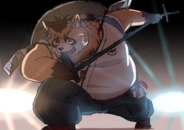 anthro black_nose bottomwear brown_body brown_fur clothing electronics fur kemono male microphone open_mouth overweight overweight_male pants shirt solo topwear kemoniku120 vtuber canid canine mammal raccoon_dog tanuki 2025 hi_res