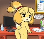 aged_down anthro anus areola butt computer dialogue electronics female fur furniture genitals greeting hair nude office presenting pussy smile solo speech_bubble table text yellow_body yellow_fur young jhussethy animal_crossing nintendo isabelle_(animal_crossing) canid canine canis domestic_dog mammal shih_tzu toy_dog english_text hi_res adult_(lore)