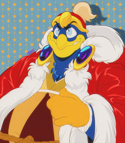 anthro asian_clothing beak belly belt big_belly black_eyebrows blue_body blue_eyes blue_feathers chest_tuft clothing east_asian_clothing eyebrow_through_hat eyebrows feathers furrowed_brow furrowed_eyebrows gem gloves handwear hat headgear headwear japanese_clothing kimono king light male male_anthro orange_clothing orange_gloves orange_handwear overweight overweight_anthro overweight_male pattern_background red_clothing red_hat red_headwear red_robe robe rope rope_belt royalty sapphire_(gem) simple_background smile solo teeth toothed_beak tuft yellow_beak yellow_clothing yellow_kimono cageyshick05_(artist) kirby_(series) nintendo king_dedede avian bird penguin 2025 colored digital_drawing_(artwork) digital_media_(artwork) english_description half-length_portrait hi_res lighting portrait shaded signature
