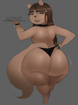 accessory anthro big_butt black_clothing black_thong black_underwear bracelet braces breasts brown_body brown_fur brown_hair buckteeth butt clothed clothing clothing_pull eyelashes female fur grey_background hair hair_accessory hairclip huge_butt jewelry looking_at_own_butt looking_back narrowed_eyes platter simple_background solo straight_hair tail tail_aside teeth thick_thighs thong thong_pull topless underwear underwear_pull mamasoyanini mammal rodent sciurid tree_squirrel 2025