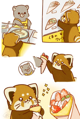 biped black_eyes black_nose brown_body chibi dot_eyes duo eating feral food grey_body kemono simple_eyes text shi_nominmin ailurid bear mammal red_panda 2023 hi_res japanese_text