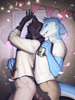anthro biped bottomwear claws clothed clothed_anthro clothed_male clothing countershade_torso countershading duo fingers fully_clothed fully_clothed_anthro fully_clothed_male fur gills inside male smile standing tail teeth topwear plgdd aquatic canid canine fish mammal shark 2026 absurd_res digital_drawing_(artwork) digital_media_(artwork) hi_res