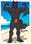 4_toes 5_fingers abs animal_genitalia animal_penis anthro armpit_hair balls beach beach_scene bedroom_eyes biceps big_chest black_claws black_nipples black_pawpads body_hair broad_shoulders brown_hair canine_genitalia canine_penis cheek_tuft claws cloud day ear_piercing erection facial_hair facial_tuft feet finger_claws fingers fist flexing flexing_bicep flexing_both_biceps fluffy fluffy_tail genitals goatee gold_piercing green_eyes greenery grin hair knot long_hair looking_at_viewer male muscular muscular_anthro muscular_male narrowed_eyes navel nipple_piercing nipples nude outside palm_tree pawpads paws pecs penis piercing pink_penis plant plantigrade pose pubes pupils roman_numeral sand sea seductive serratus sky slit_pupils smile solo standing tail teeth toe_claws toes toothy_grin tree triceps tuft water whisker_spots whiskers grimsvault yamato_iouko canid canine canis mammal wolf 2023 artist_name cel_shading digital_drawing_(artwork) digital_media_(artwork) hi_res shaded signature smaller_version_at_source