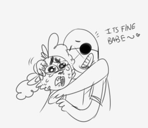 anthro bodily_fluids crying dialogue duo eye_patch eyewear heart_symbol male tears text mhdrawin mythology anon wally_(mhdrawin) canid canine human mammal mythological_canine mythological_creature werecanid werecanine werecreature werewolf english_text low_res monochrome