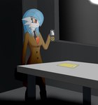 blue_hair clothing coat detailed_background female hair interrogation_room necktie orange_eyes police_badge solo topwear trenchcoat cobra0281 nintendo pokemon alyx_(cobra0281) gardevoir generation_3_pokemon pokemon_(species) shiny_pokemon