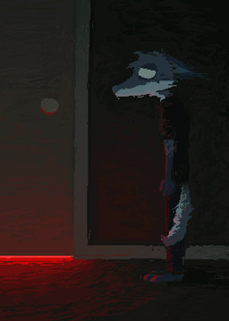 anthro barefoot blue_nose clothed clothing door door_handle doorknob ears_back ears_down empty_eyes feet glowing hallway horror_(theme) leg_markings male male_anthro markings pivoted_ears red_light sad scared scary shadow socks_(marking) solo tail tucked_tail vacant_expression vacant_eyes young young_anthro young_male demensa emil_(demensa) canid canine canis coyote mammal 2024 digital_media_(artwork) hi_res pixel_(artwork)