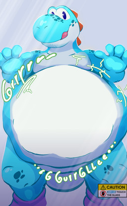 against_surface ambiguous_gender ambiguous_prey looking_at_viewer male multiple_prey on_glass rumbling_stomach solo teasing teasing_viewer vore xxvvxx mario_bros nintendo cyan_yoshi yoshi absurd_res hi_res