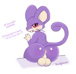 anus backsack balls big_balls big_butt blush butt dialogue feral genitals imminent_facesitting looking_at_viewer looking_back male phone_drawing sitting solo suggestive_dialogue text fluffydasher nintendo pokemon generation_1_pokemon mammal pokemon_(species) rattata rodent english_text