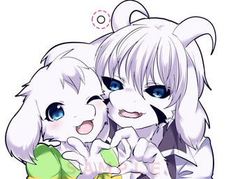 4_fingers anthro black_sclera blue_eyes blush claws clothed clothing duo fangs fingers green_clothing green_sweater green_topwear heart_symbol horn long_ears male one_eye_closed open_mouth pattern_clothing pattern_sweater pattern_topwear robe simple_background smile square_crossover striped_clothing striped_sweater striped_topwear stripes sweater teeth topwear tuft white_background wink young young_anthro ruri_tsubame undertale undertale_(series) asriel_dreemurr asriel_dreemurr_(god_form) boss_monster_(undertale) bovid caprine goat mammal 2016