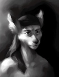 anthro clothing headkerchief kerchief male pose realistic_lighting realistic_shading solo ymxa canid canine mammal 2007 bust_portrait digital_media_(artwork) greyscale high_contrast monochrome portrait