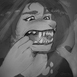 anthro black_lips bodily_fluids claws female finger_in_mouth freckles hair human_to_anthro lips looking_at_mirror looking_at_object looking_at_self makeup mid_transformation mirror mirror_reflection open_mouth reflection saliva saliva_string sharp_teeth showing_teeth snout solo species_transformation teeth tongue transformation okamitfs mythology canid canine human mammal mythological_canine mythological_creature werecanid werecanine werecreature werewolf 1:1 absurd_res hi_res monochrome portrait