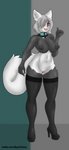 anthro clothing collar female fingers footwear grey_hair hair high_heels legwear nude pupils red_pupils shoes simple_background solo stockings teeth tongue yukras_abyss canid canine mammal 6:13 absurd_res hi_res