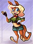 accessory anthro blonde_hair blue_eyes breasts claws cleavage clothed clothing crop_top female fingerless_gloves fur gloves hair hair_accessory hairband handwear midriff orange_body orange_fur paws semi-anthro shirt simple_background smile smiling_at_viewer solo toe_claws topwear unlimited-edge jak_and_daxter naughty_dog sony_corporation sony_interactive_entertainment tess_(jak_and_daxter) mammal mustelid ottsel 3:4 absurd_res digital_media_(artwork) hi_res