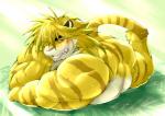 anthro blush bodily_fluids drooling fur hair long_hair lying male muscular muscular_anthro muscular_male nude on_front pecs saliva solo striped_body striped_fur stripes tongue tomoyamaru lifewonders tokyo_afterschool_summoners macan_(tas) felid mammal pantherine tiger 2019