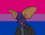 ambiguous_gender anthro big_ears bisexual_pride_colors black_clothing black_jacket black_nose black_topwear clothed clothing dot_eyes grey_clothing grey_shirt grey_topwear hair jacket lgbt_pride narrowed_eyes pink_tongue pride_color_background pride_colors purple_eyes purple_hair shirt short_hair simple_background smile snout solo tongue tongue_out topwear savy_(artist) bat mammal microbat spotted_bat vesper_bat yangochiropteran 2022 bust_portrait digital_drawing_(artwork) digital_media_(artwork) firealpaca_(artwork) flat_colors hi_res portrait female_(lore)