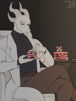 abstract_background anthro armchair belt birthday birthday_cake bottomwear brown_bottomwear brown_clothing cake chair claws clothed clothing coat cutlery dessert eating eating_food food fork fruit fully_clothed furniture grey_eyes grey_horn holding_object horn kitchen_utensils lab_coat looking_down male narrowed_eyes number pants plant sitting solo strawberry table tools topwear white_body white_clothing valeris mythology saren_(saren662) dragon mythological_creature mythological_scalie scalie 3:4 absurd_res hi_res