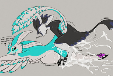 ambiguous_gender ambiguous_penetrated animal_noises anthro anthro_on_anthro anthro_penetrated anthro_penetrating anthro_penetrating_anthro big_ears biped birthday birthday_sex black_claws blue_blush blue_body blue_feathers blush bodily_fluids butt chirping claws countershading cum cum_inflation cum_inside cum_on_belly cum_on_body cum_on_butt cum_on_ground cum_on_leg cum_on_self cum_splatter digitigrade duo excessive_cum excessive_genital_fluids eyes_closed feathered_wings feathers from_behind_position genital_fluids grey_background grey_body grey_feathers inflation jockey_position lying male male_penetrating messy nude_anthro nude_male obscured_penetration on_front pawpads penetration prone_bone_position purple_pawpads raised_tail sex simple_background tail tail_feathers teal_eyes text thought_bubble white_body white_countershading white_feathers wings 1nfer0 hunter_(1nfer0) quill_feathertail avali 2026 absurd_res english_text hi_res