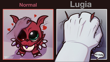 anthro big_eye dialogue group happy headpat heart_symbol male red_body red_eyes size_difference smaller_male smile white_body doragy bandai_namco digimon nintendo pokemon digimon_(species) generation_2_pokemon guilmon human humanoid legendary_pokemon lugia mammal pokemon_(species) meme
