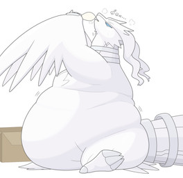 ambiguous_gender back_rolls belly belly_on_ground belly_rolls big_belly blue_eyes chubby_cheeks claws eating fat_arms fat_rolls feral fur hair huge_belly neck_ring obese obese_ambiguous obese_feral overweight overweight_ambiguous overweight_feral solo text tube tuft weight_gain white_body white_fur white_hair yoh_chomp mythology nintendo pokemon dragon generation_5_pokemon legendary_pokemon mythological_creature mythological_scalie pokemon_(species) reshiram scalie hi_res japanese_text