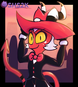 cactus clothing cowboy_hat dessert food hat headgear headwear hell horn looking_at_viewer male plant red_body smile smiling_at_viewer smirk solo suit tail yellow_eyes conditional_dnp superhypersonic2000 hellaverse helluva_boss moxxie_(helluva_boss) demon humanoid imp absurd_res digital_drawing_(artwork) digital_media_(artwork) hi_res