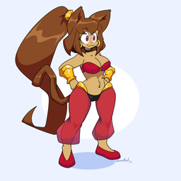 anthro belly_dancer_outfit big_breasts breasts brown_hair cleavage clothed clothing cosplay crossover_cosplay ear_piercing ear_ring female hair piercing red_eyes ring_piercing smile solo tail gunshad gameoverse glitch_productions shantae_(series) wayforward kit_bodega shantae domestic_cat felid feline felis mammal 1:1 absurd_res crossover hi_res