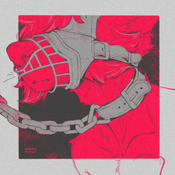 anthro black_background bound chain chained cheek_tuft close-up clothed clothing covered_eyes facial_tuft hair leash male muzzle_(object) muzzled neon nude restrained side_view simple_background solo straps text textured_background topless tuft andre_moraph andre_moraph_(character) canid canine canis mammal wolf 1:1 2026 absurd_res digital_drawing_(artwork) digital_media_(artwork) english_text film_grain hi_res line_art pink_theme portrait restricted_palette signature