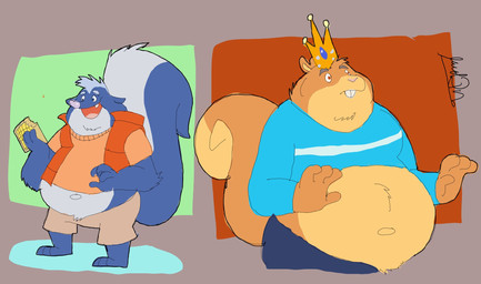 anthro belly big_belly blue_body bottomwear clothing crown food headgear male open_mouth overweight overweight_male shirt shorts simple_background smile solo standing topwear jacobspencer04 scaredy_squirrel dave_(scaredy_squirrel) scaredy_squirrel_(character) mammal mephitid rodent sciurid skunk tree_squirrel 2025 hi_res