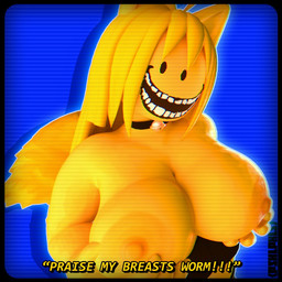 ahoge anthro areola bell bell_choker bell_collar big_breasts big_nipples black_border black_bottomwear black_choker black_clothing black_eyes black_jewelry black_necklace black_skirt black_text blonde_hair blue_background border bottomwear breast_fondling breast_play breasts choker clothed clothing collar dialogue ears_up exclamation_point female fondling fur grin hair hand_on_breast head_tilt jewelry looking_at_viewer necklace nipples open_mouth open_smile orange_areola playing_with_own_breasts scanlines self_fondle shirtless_female simple_background skirt smile smiley_face smiling_at_viewer solo tail teeth text topless topless_female yellow_areola yellow_body yellow_breasts yellow_ears yellow_fur yellow_nipples yellow_tail yellow_text conditional_dnp piskelpaxels thing_(ohnojericho) animal_humanoid cat_humanoid domestic_cat felid felid_humanoid feline feline_humanoid felis humanoid mammal mammal_humanoid 2025 3d_(artwork) artist_name digital_media_(artwork) english_text watermark