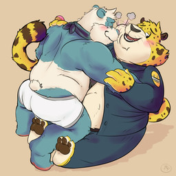 3_claws 3_toes 4_claws 4_fingers anthro anthro_on_anthro arm_markings arm_spots barefoot biped black_eyebrows black_lips black_nose blue_body blue_bottomwear blue_clothing blue_ears blue_eyebrows blue_face blue_fur blue_kerchief blue_neckerchief blue_nose blue_outfit blue_pants blue_shirt blue_topwear blush bottomwear boxer_briefs breath brown_body brown_ears brown_face brown_fur brown_markings brown_pawpads brown_spots brown_tail claws clothed clothing countershade_torso countershading cuddling curved_eyebrows dark_eyebrows dark_lips dark_nose dark_pawpads dark_pupils duo eyebrows facial_markings facial_spots feet finger_claws fingers fully_clothed fur grey_clothing grey_eyes grey_underwear half-closed_eyes hand_on_arm hand_on_shoulder head_markings interspecies iris kerchief lidded_eyes lips looking_aside looking_at_another looking_at_partner male male/male markings monotone_bottomwear monotone_clothing monotone_pants monotone_shirt monotone_tail monotone_topwear multicolored_body multicolored_clothing multicolored_face multicolored_fur multicolored_tail multicolored_underwear narrowed_eyes neckerchief neckwear obese obese_male open_clothing open_mouth open_shirt open_topwear overweight overweight_male pants pawpads police pupils romantic romantic_couple round_ears shadow shirt short_tail simple_background small_ears small_tail spots spotted_arms spotted_body spotted_face spotted_fur spotted_markings spotted_tail tail tail_markings tail_spots teeth thick_eyebrows thin_tail toe_claws toes topless topwear two_tone_body two_tone_clothing two_tone_face two_tone_fur two_tone_tail two_tone_underwear underwear uniform whiskers white_body white_clothing white_countershading white_face white_fur white_tail white_underwear yellow_body yellow_claws yellow_face yellow_fur yellow_tail berrypowder disney zootopia benjamin_clawhauser bear cheetah felid feline giant_panda mammal 1:1 hi_res signature source_request