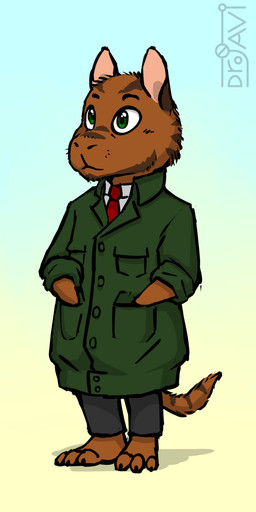accessory anthro barefoot bottomwear brown_body brown_fur clothed clothing feet fur green_eyes hand_in_pocket hands_in_both_pockets jacket male necktie pants pockets shirt simple_background solo standing tail topwear drjavi bibbly capybara caviid mammal rodent 1:2 digital_media_(artwork) hi_res