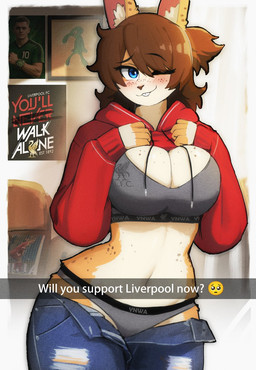 anthro big_breasts blue_eyes blush bottomwear breasts brown_hair buckteeth cleavage clothed clothed_female clothing clothing_lift denim denim_bottomwear denim_clothing female freckled_breasts freckled_face freckles fur hair hoodie hoodie_lift inner_ear_fluff inside jeans jeans_down looking_at_viewer midriff one_eye_closed panties pants poster_(object) seductive smile soccer_player solo tan_body tan_fur teeth text topwear torn_bottomwear torn_clothing torn_jeans torn_pants tuft underwear wide_hips wink winking_at_viewer 00niine bold_and_brash liverpool_f.c. ava_(00niine) lagomorph leporid mammal rabbit english_text hi_res