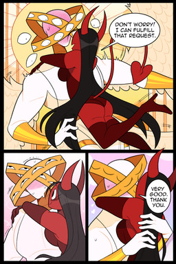 black_hair blush boots breasts clothed clothing cloud dialogue duo female footwear hair happy high_heeled_boots high_heels horn hug intimate larger_female legwear long_hair male male/female multi_eye muscular muscular_male not_furry pecs red_body shoes size_difference spade_tail tail text thigh_boots thigh_highs wings idolomantises lili_(idolomantises) sera_(idolomantises) angel biblically_accurate_angel demon humanoid ophan succubus 2:3 absurd_res comic english_text hi_res female_(lore)